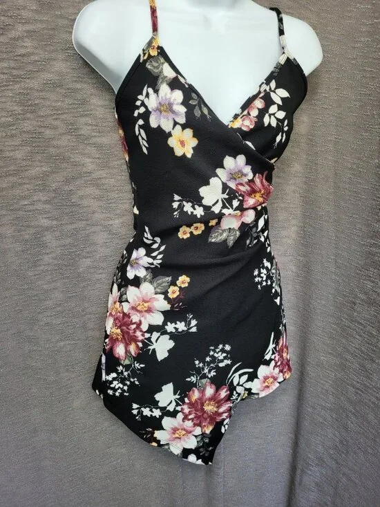 Womens Y2K Babydoll Asymmetric Fairy Grunge Romper Size S Black Floral Artsy - Picture 11 of 14